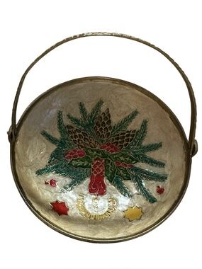 Vintage Brass Painted Basket Candle And Pinecone 5”